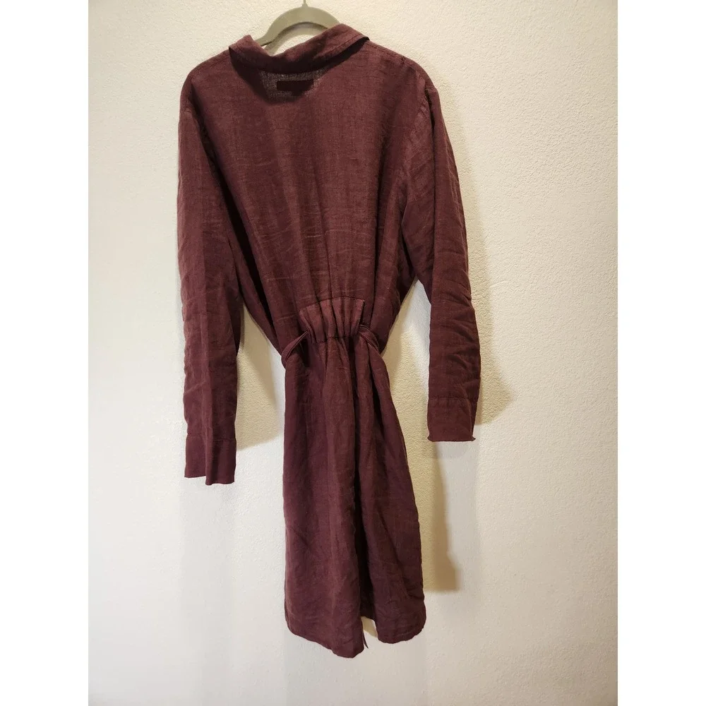 FLAX Jeanne Engelhart Linen Shirt Dress S Burgundy Belted Lagenlook Long Sleeve